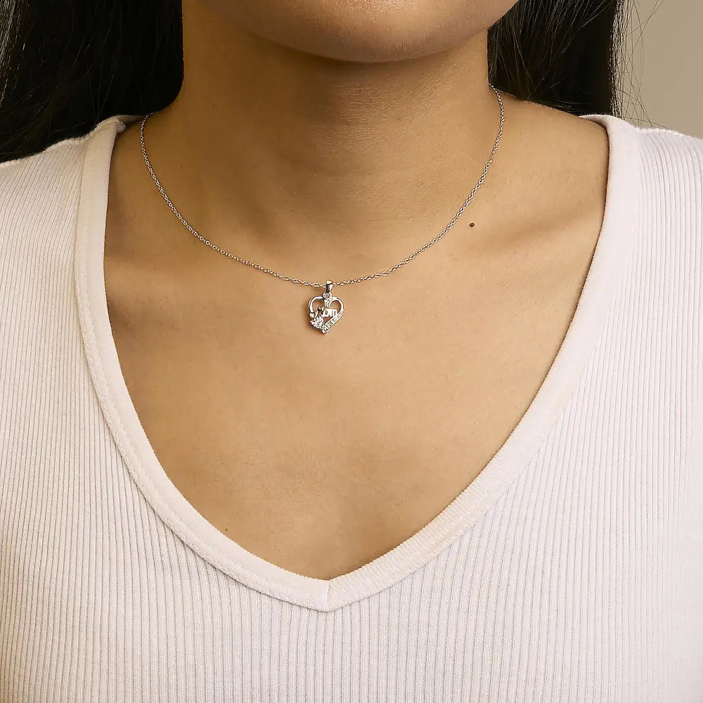 Diamond Accent Mom Heart Pendant Necklace in Sterling Silver 18 Inch