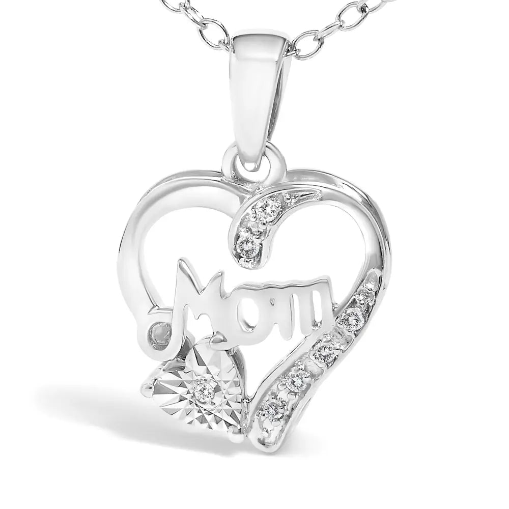 Diamond Accent Mom Heart Pendant Necklace in Sterling Silver 18 Inch