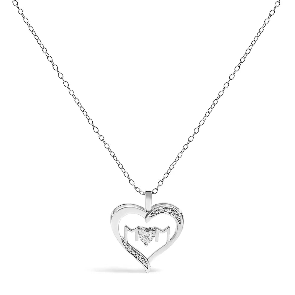 Sterling Silver Diamond Accent MOM Heart Pendant Necklace 18 Inches