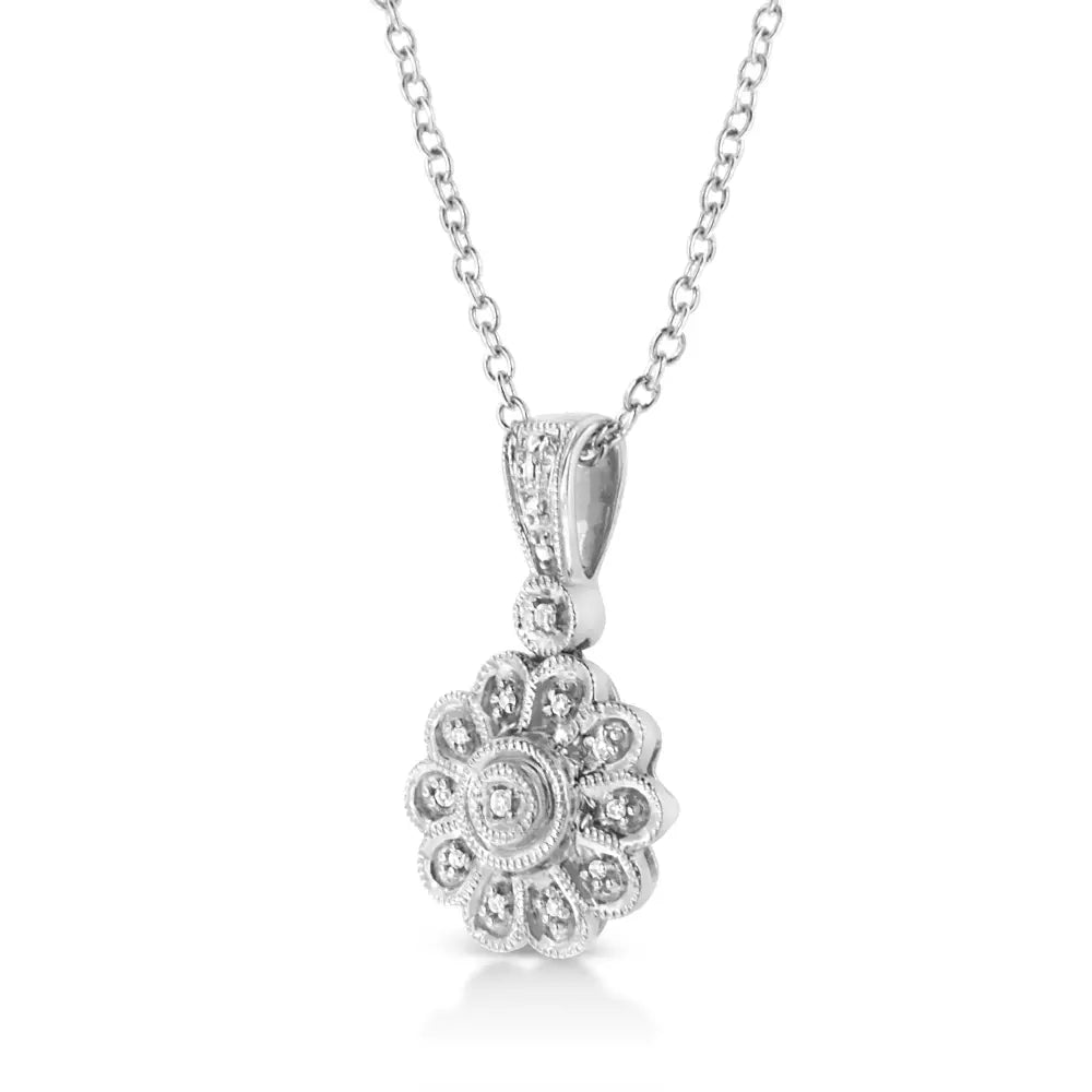 Diamond Sunburst Milgrain Floral Pendant in Sterling Silver 18 Inch