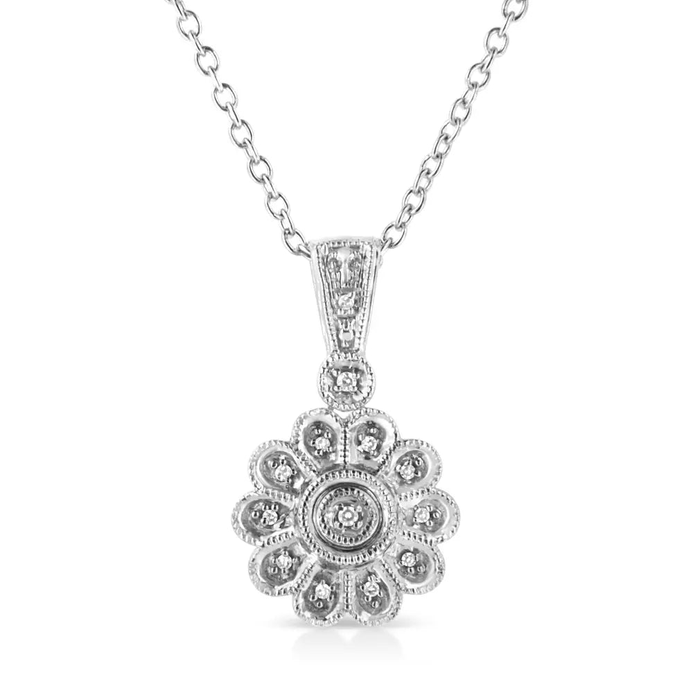 Diamond Sunburst Milgrain Floral Pendant in Sterling Silver 18 Inch