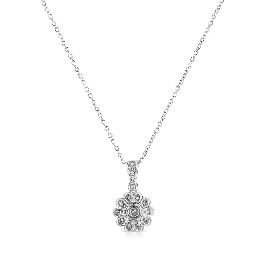 Diamond Sunburst Milgrain Floral Pendant in Sterling Silver 18 Inch