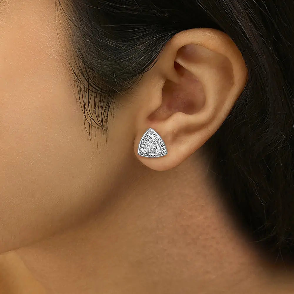 Diamond Trillion Halo Stud Earrings in Rhodium Plated Sterling Silver