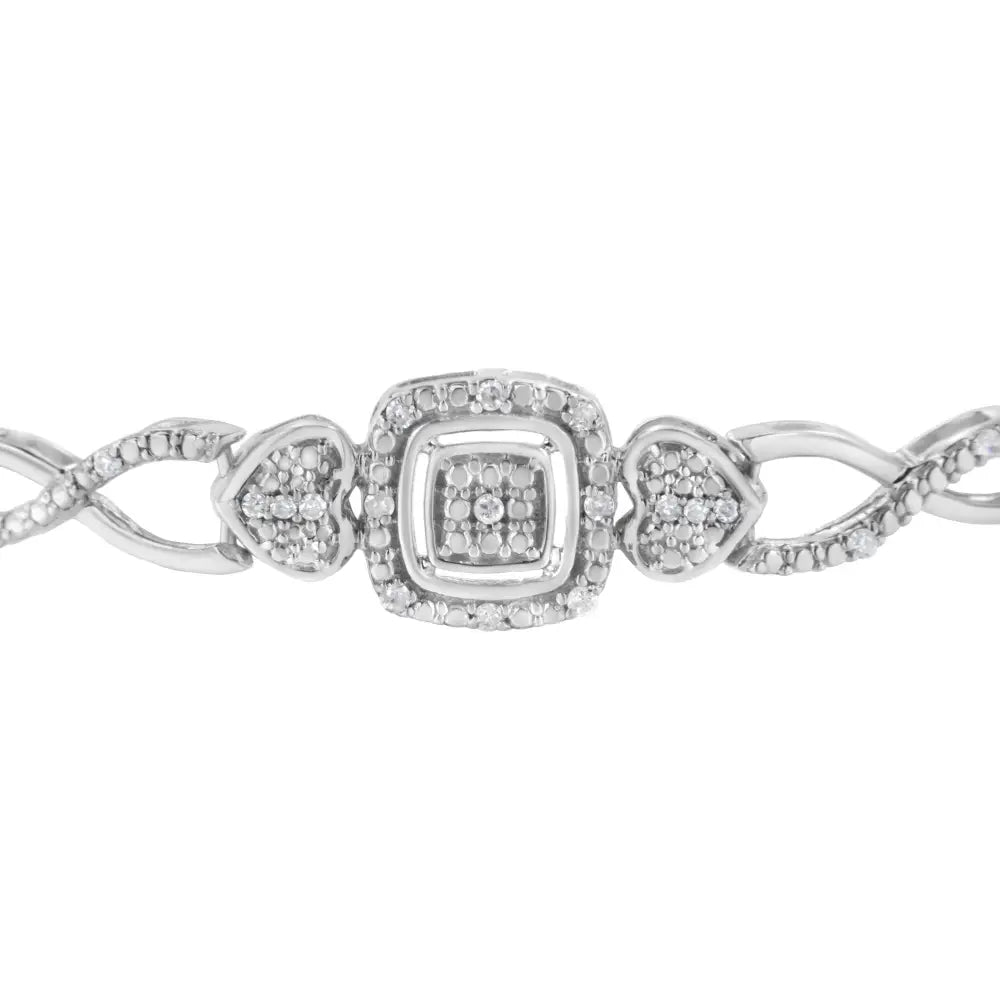Diamond Double Heart Twist Bolo Bracelet in Sterling Silver