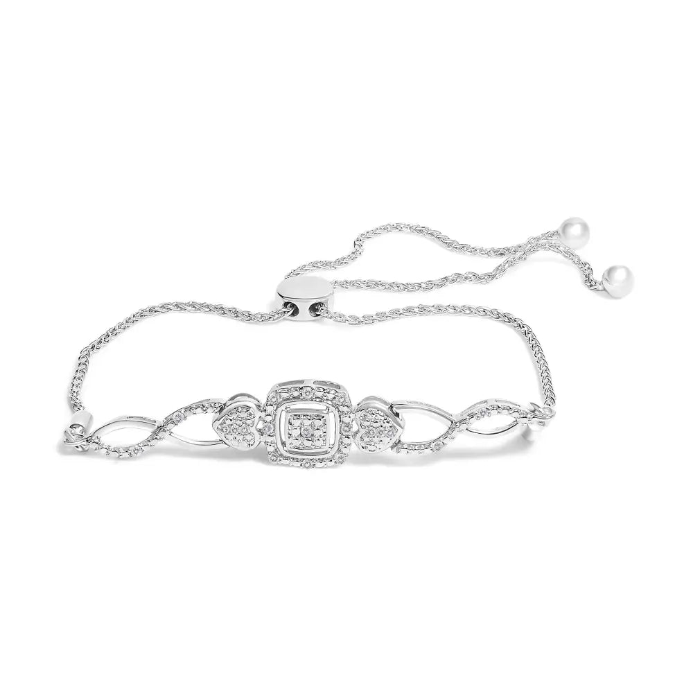 Diamond Double Heart Twist Bolo Bracelet in Sterling Silver