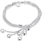 .925 Sterling Silver Five-Line Chain with Five-Heart Bracelet