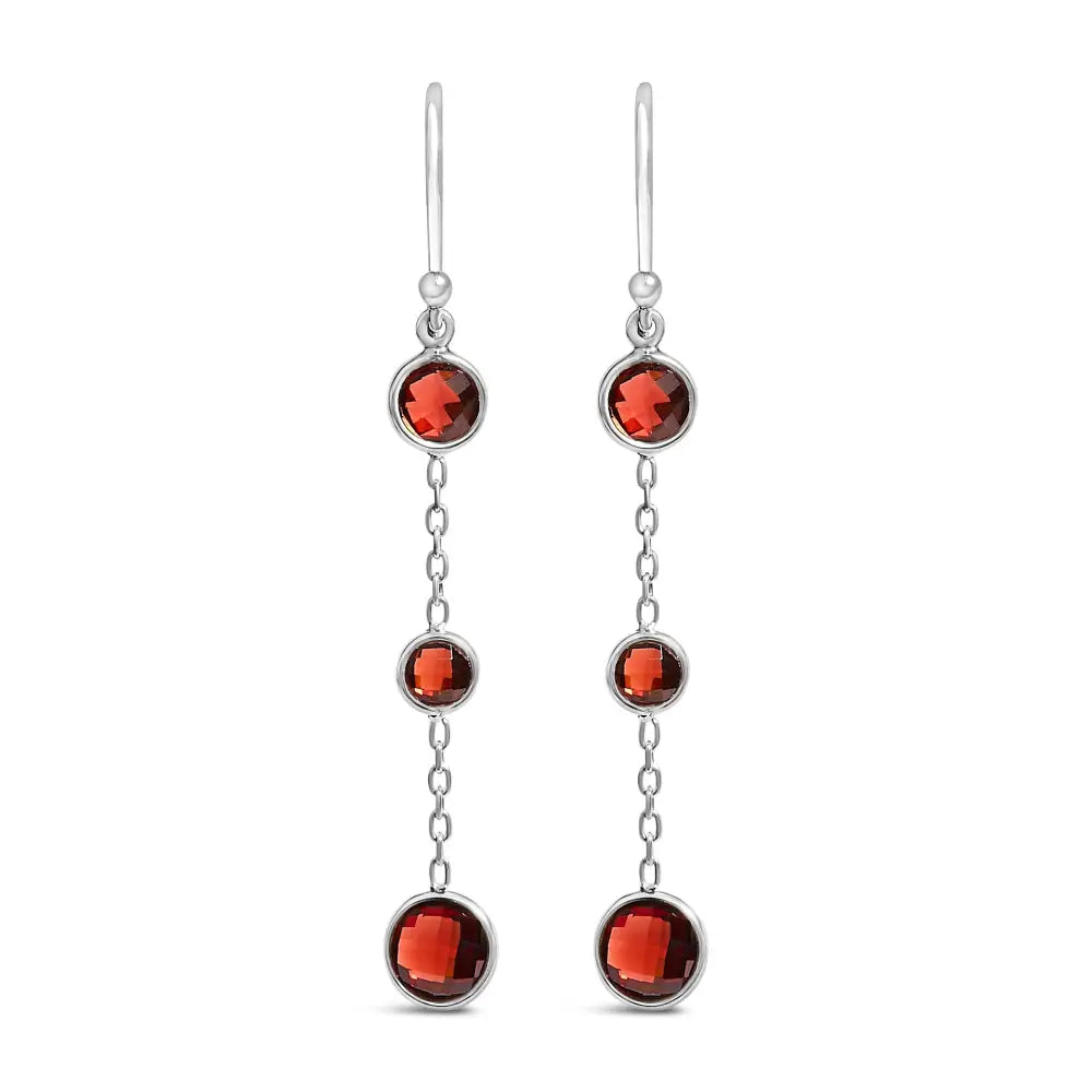 Red Garnet Graduating Trio Dangle Earrings in Sterling Silver