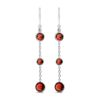 Red Garnet Graduating Trio Dangle Earrings in Sterling Silver