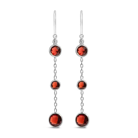 Red Garnet Graduating Trio Dangle Earrings in Sterling Silver