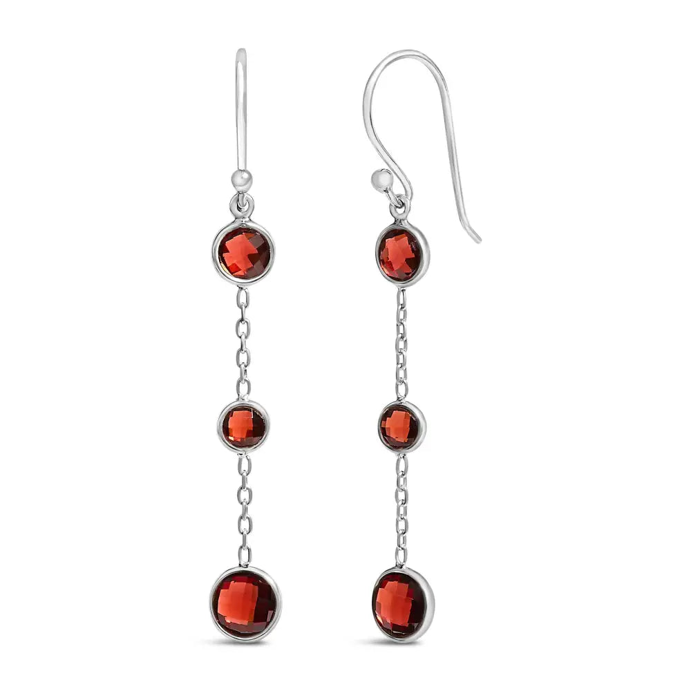 Red Garnet Graduating Trio Dangle Earrings in Sterling Silver