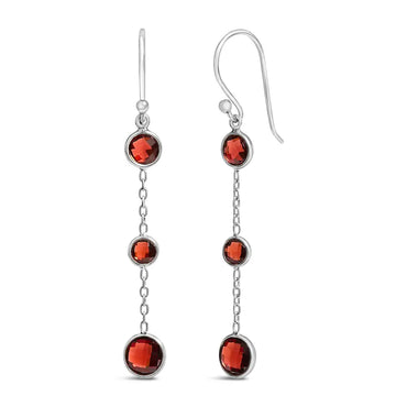 Red Garnet Graduating Trio Dangle Earrings in Sterling Silver