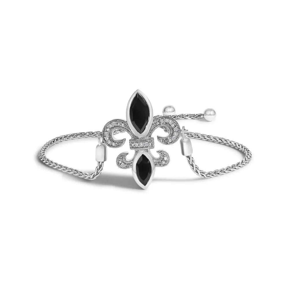 Black Onyx and Diamond Fleur-de-Lis Sterling Silver Bolo Bracelet 4–10″