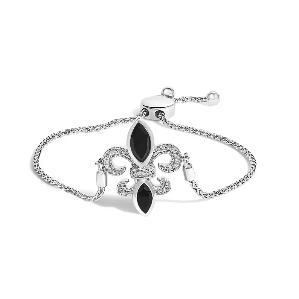Black Onyx and Diamond Fleur-de-Lis Sterling Silver Bolo Bracelet 4–10″