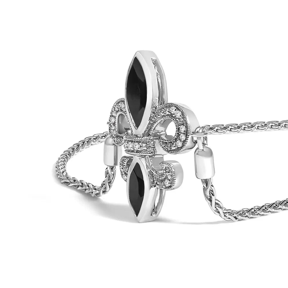Black Onyx and Diamond Fleur-de-Lis Sterling Silver Bolo Bracelet 4–10″