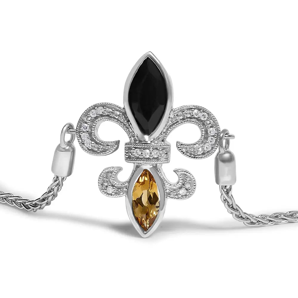 Black Onyx Citrine and Diamond Fleur De Lis Bolo Bracelet in Sterling Silver