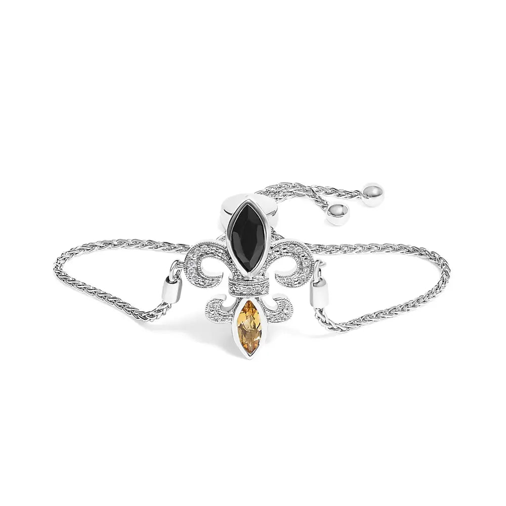 Black Onyx Citrine and Diamond Fleur De Lis Bolo Bracelet in Sterling Silver