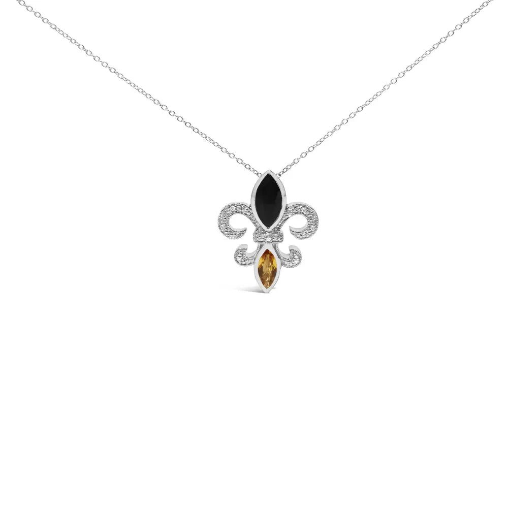 Onyx Citrine and Diamond Fleur de Lis Pendant in Sterling Silver 18