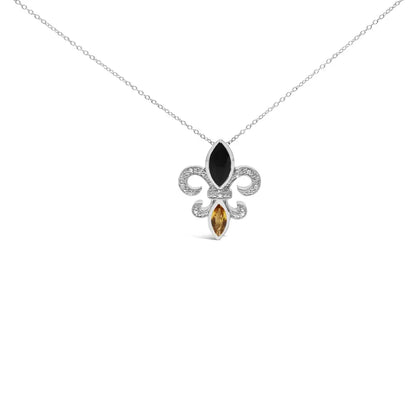 Onyx Citrine and Diamond Fleur de Lis Pendant in Sterling Silver 18