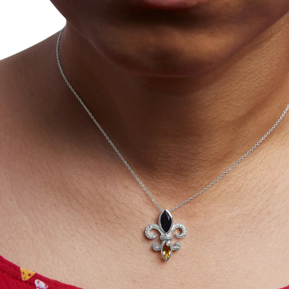 Onyx Citrine and Diamond Fleur de Lis Pendant in Sterling Silver 18