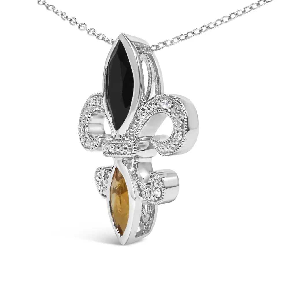 Onyx Citrine and Diamond Fleur de Lis Pendant in Sterling Silver 18