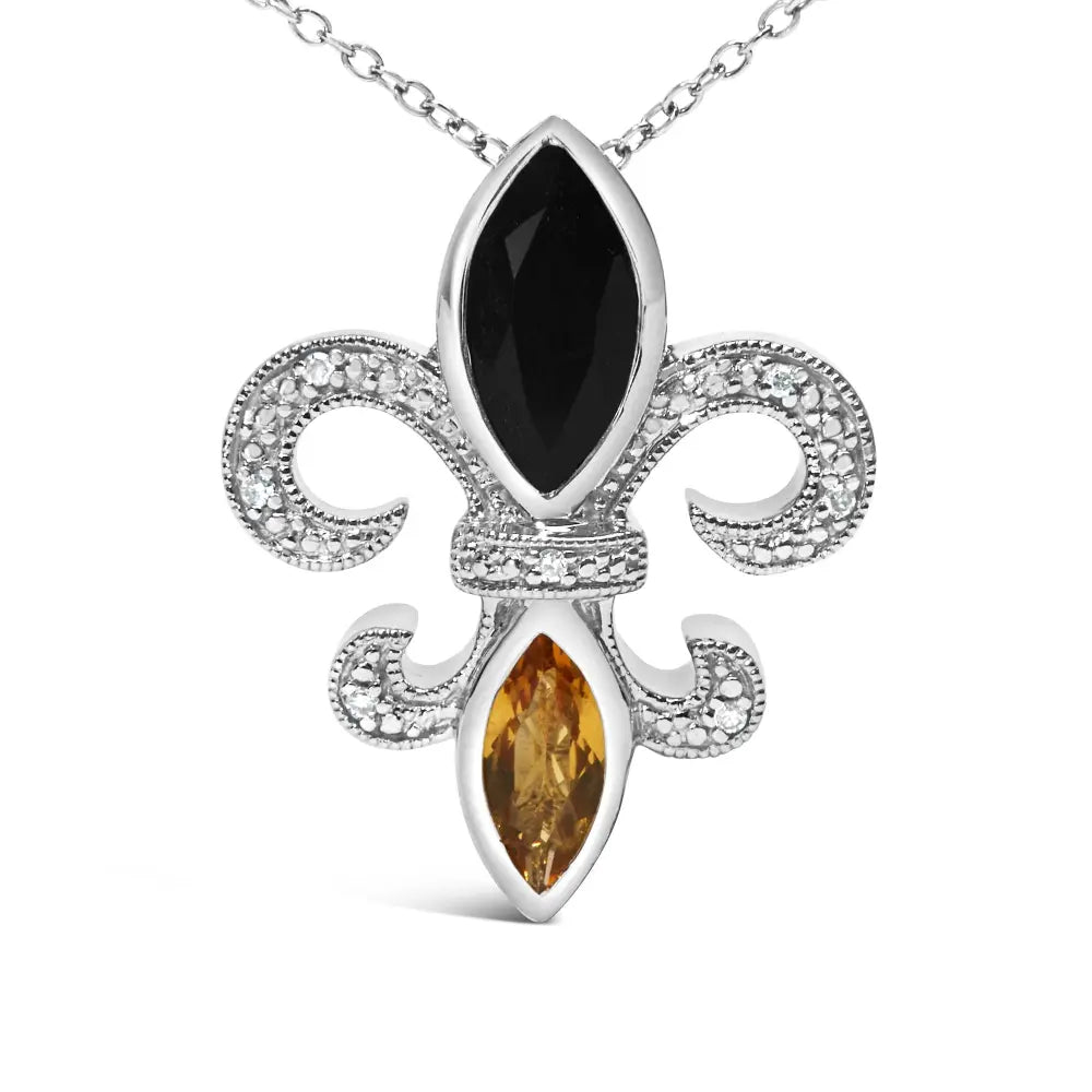 Onyx Citrine and Diamond Fleur de Lis Pendant in Sterling Silver 18