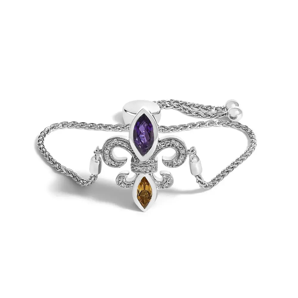 Amethyst Citrine and Diamond Fleur-de-Lis Sterling Silver Bolo Bracelet