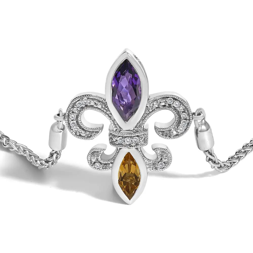 Amethyst Citrine and Diamond Fleur-de-Lis Sterling Silver Bolo Bracelet