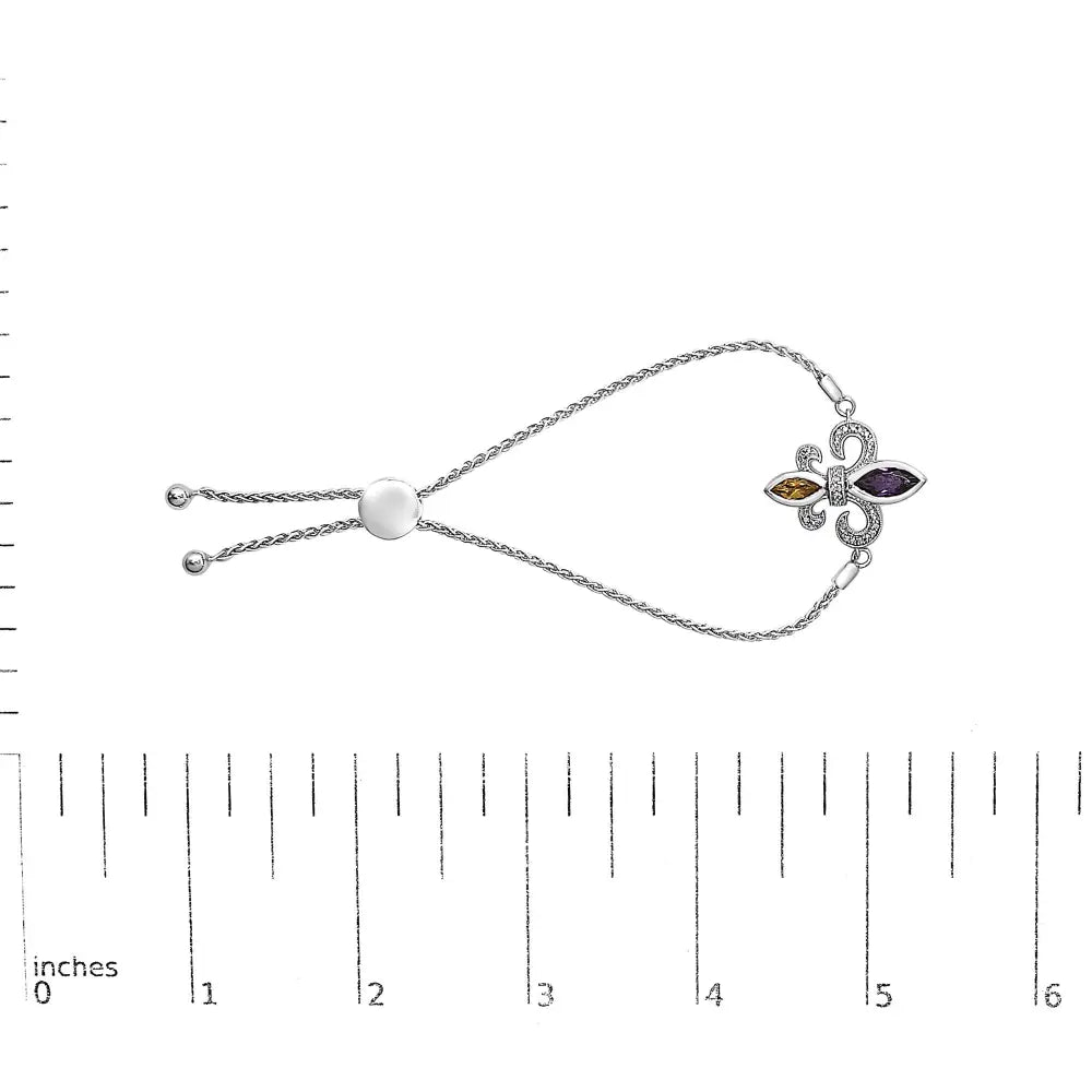 Amethyst Citrine and Diamond Fleur-de-Lis Sterling Silver Bolo Bracelet