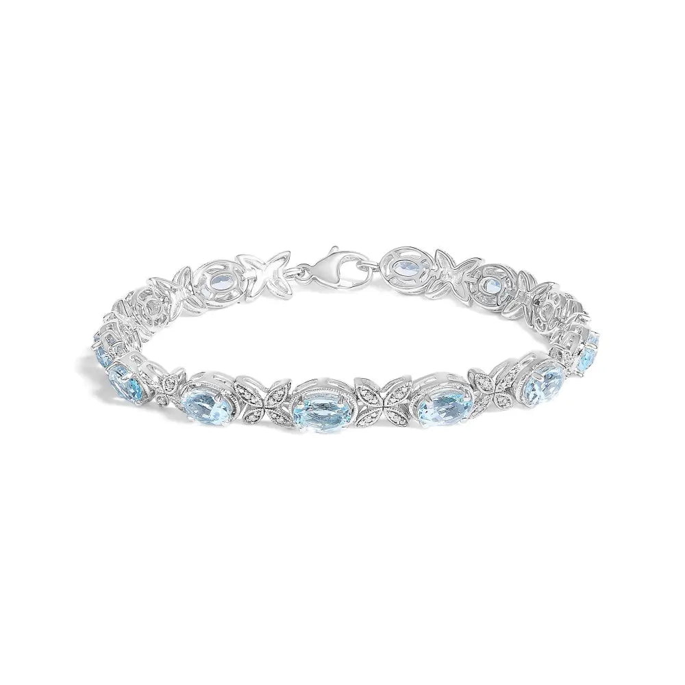 Sterling Silver Blue Topaz and Diamond Butterfly Link Bracelet 7 Inch