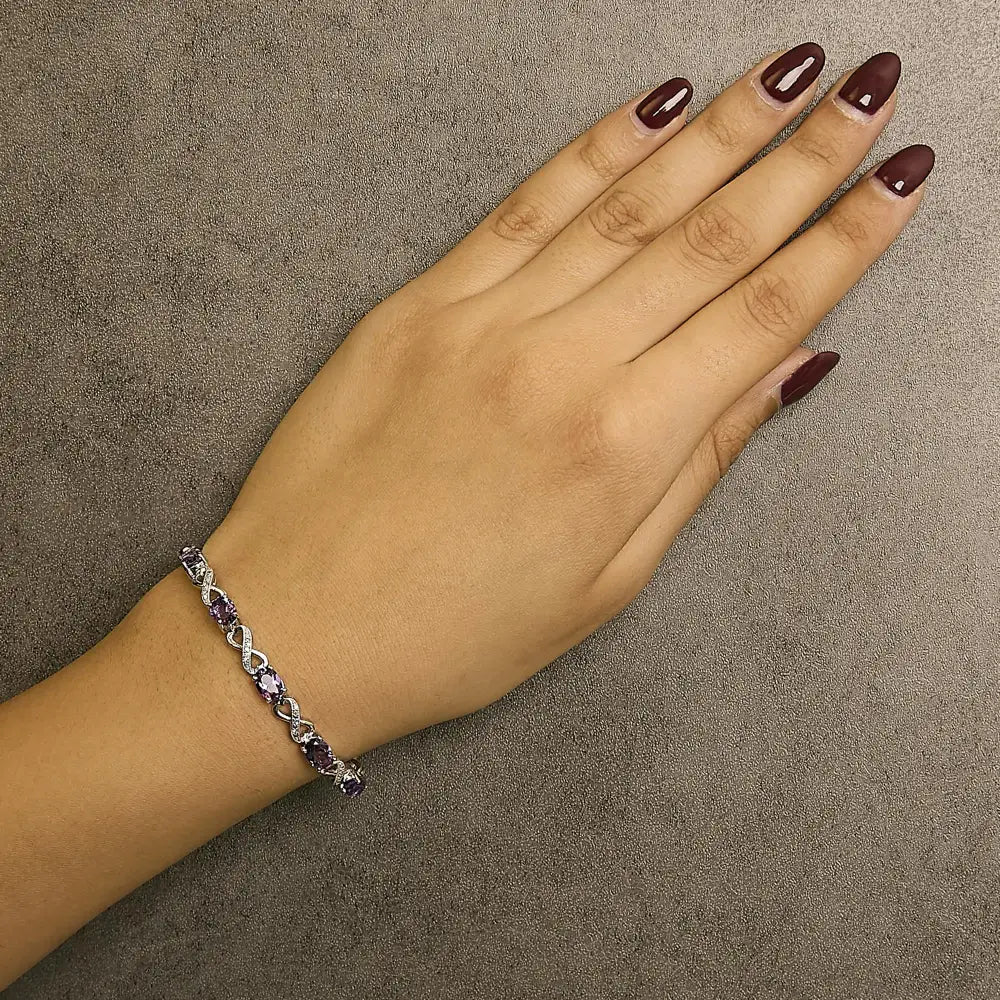 Oval Amethyst and Diamond Infinity Link Bracelet in Sterling Silver 7
