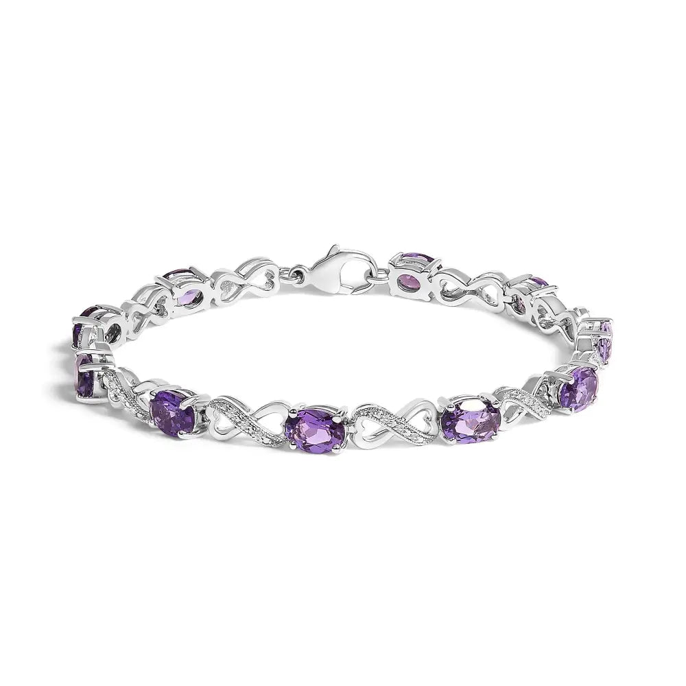 Oval Amethyst and Diamond Infinity Link Bracelet in Sterling Silver 7
