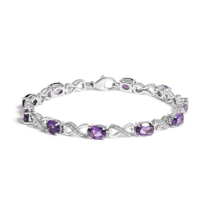 Oval Amethyst and Diamond Infinity Link Bracelet in Sterling Silver 7