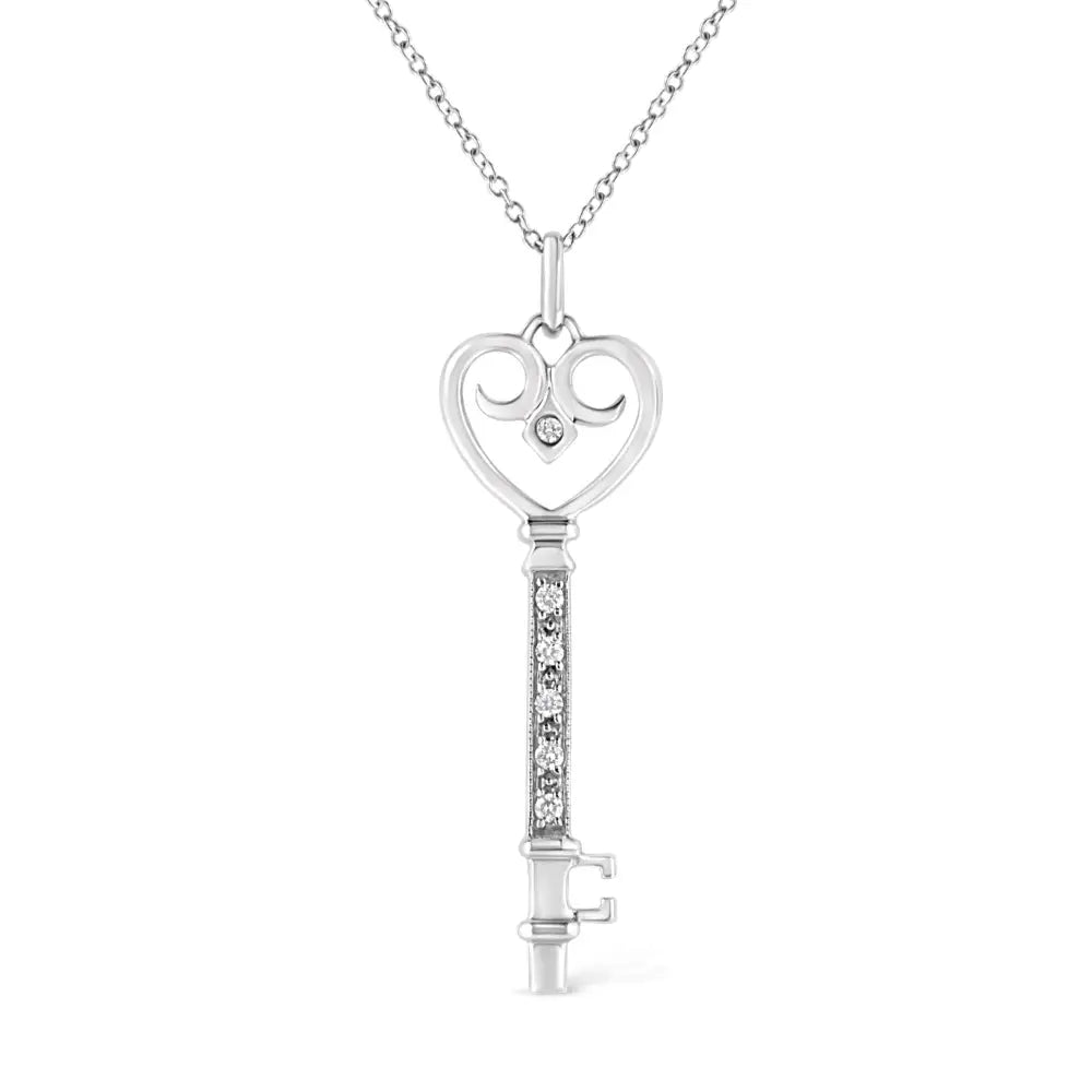 Diamond Heart Key Pendant in Sterling Silver 1/20 Cttw