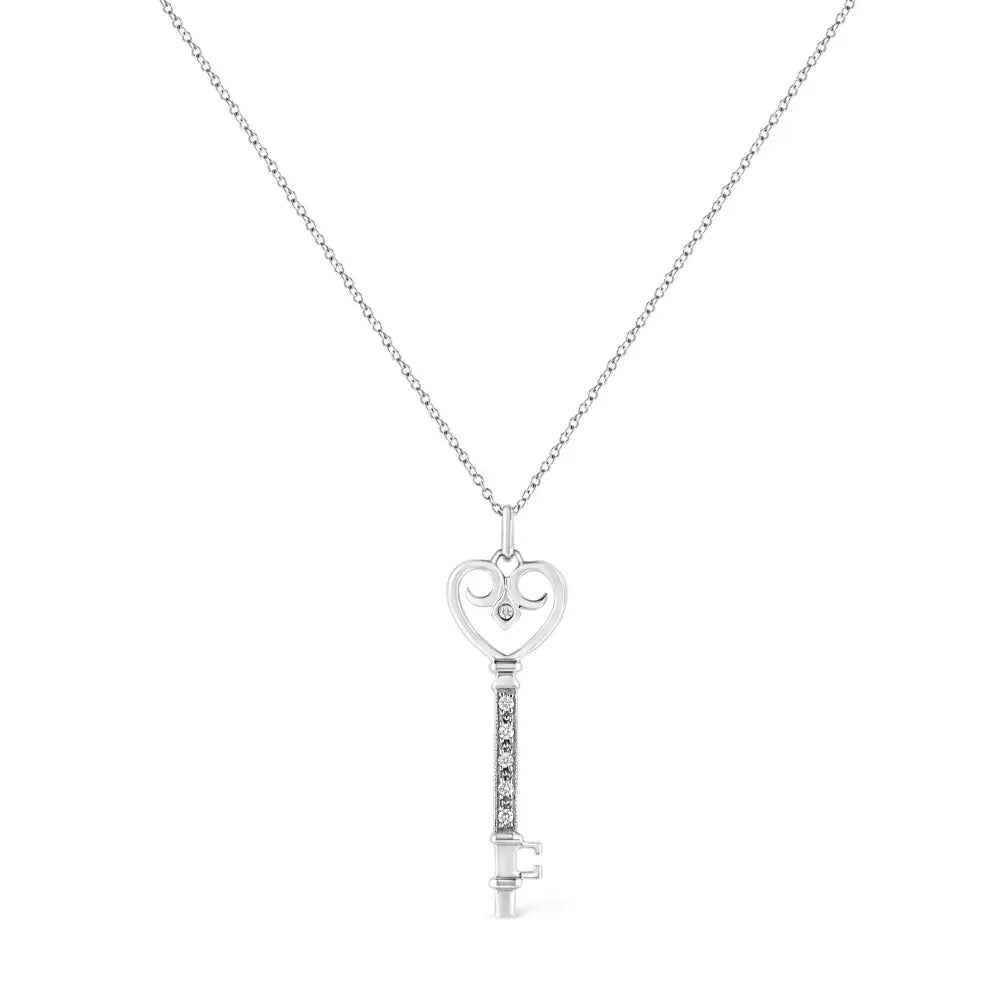 Diamond Heart Key Pendant in Sterling Silver 1/20 Cttw