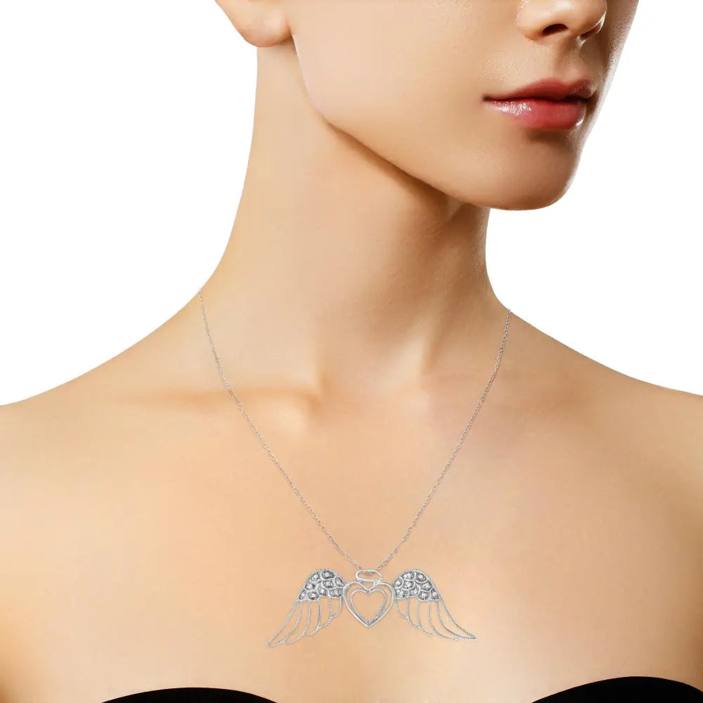 Diamond Pavé Angel Wing Double Heart Sterling Silver Necklace 1/20 Cttw