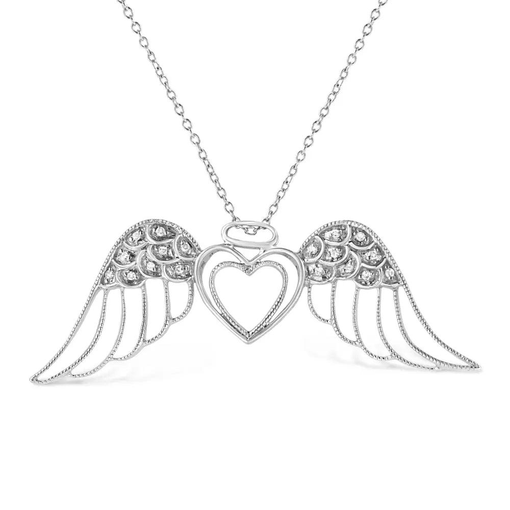 Diamond Pavé Angel Wing Double Heart Sterling Silver Necklace 1/20 Cttw