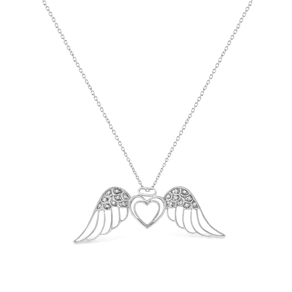 Diamond Pavé Angel Wing Double Heart Sterling Silver Necklace 1/20 Cttw