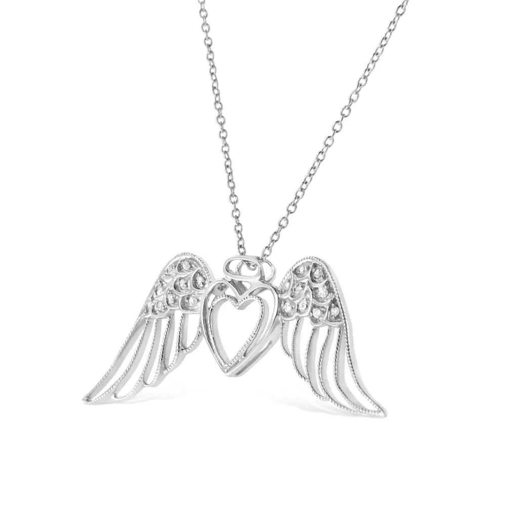 Diamond Pavé Angel Wing Double Heart Sterling Silver Necklace 1/20 Cttw
