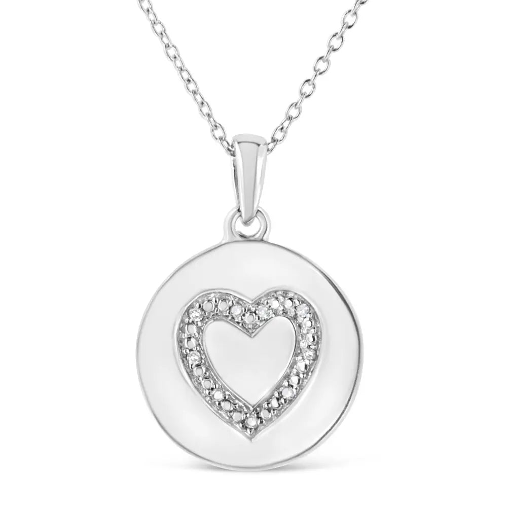 Diamond Heart Circle Pendant Necklace in Sterling Silver 1/30 Cttw