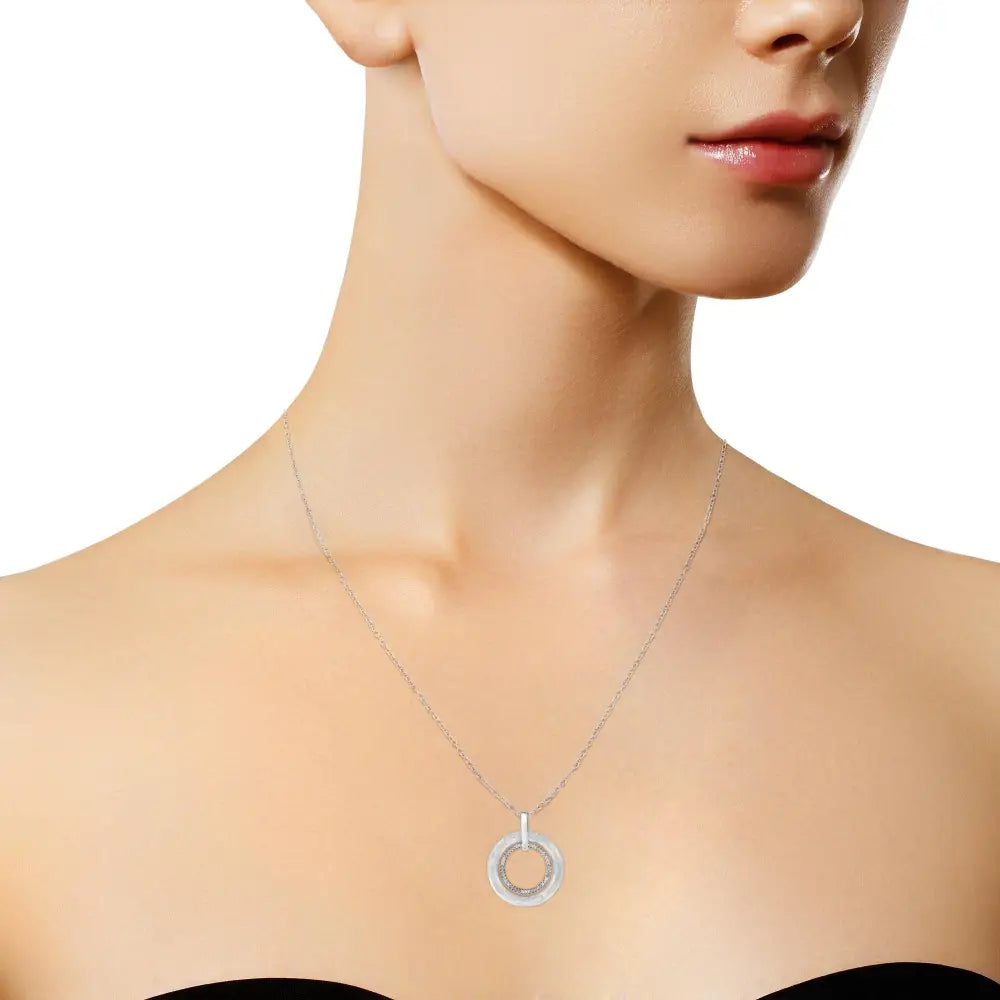 Diamond Double Circle Satin Pendant in Sterling Silver 1/20 Cttw