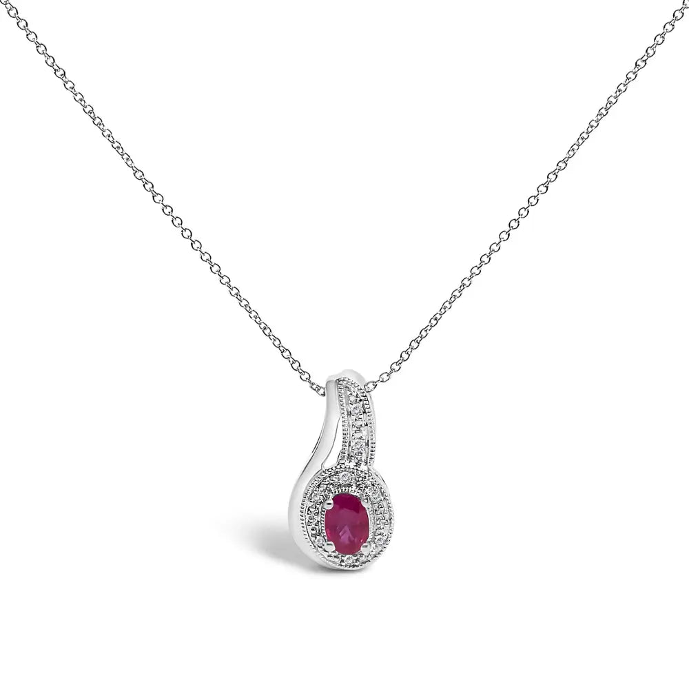 Sterling Silver Oval Ruby and Diamond Milgrain Swirl Pendant Necklace 18