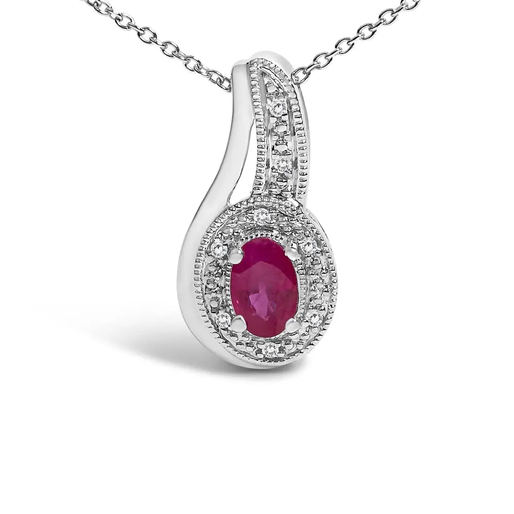 Sterling Silver Oval Ruby and Diamond Milgrain Swirl Pendant Necklace 18