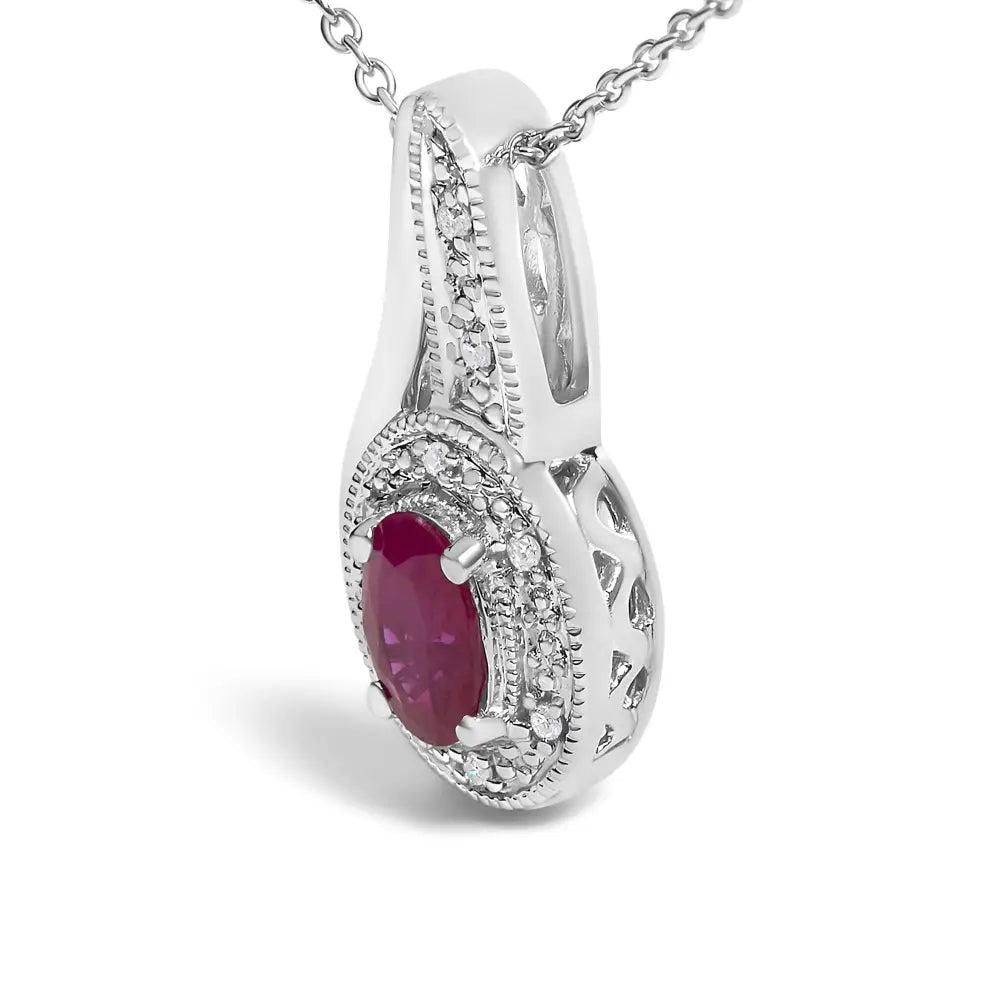 Sterling Silver Oval Ruby and Diamond Milgrain Swirl Pendant Necklace 18