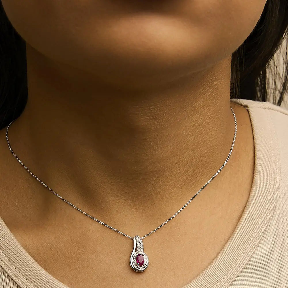 Sterling Silver Oval Ruby and Diamond Milgrain Swirl Pendant Necklace 18