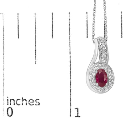 Sterling Silver Oval Ruby and Diamond Milgrain Swirl Pendant Necklace 18