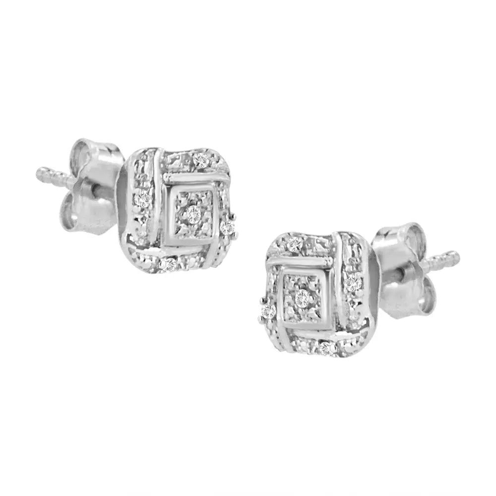 Sterling Silver Diamond Swirl Square Knot Stud Earrings