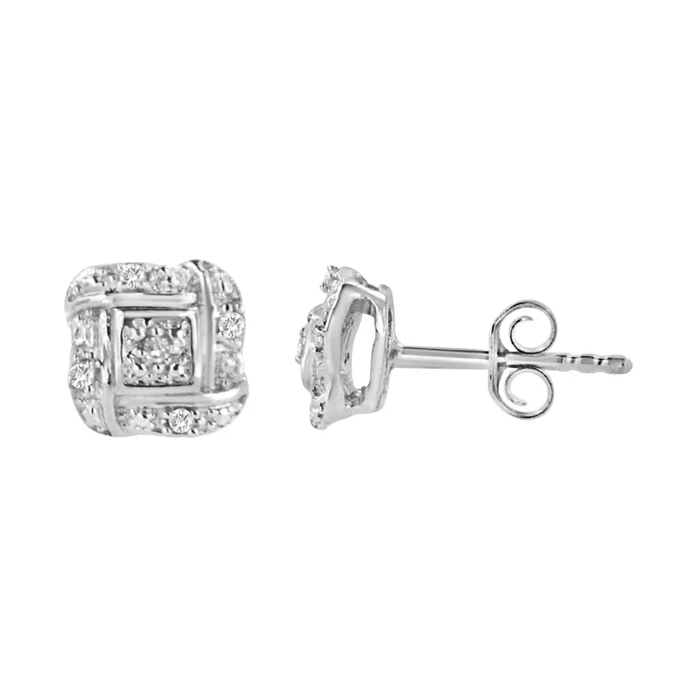 Sterling Silver Diamond Swirl Square Knot Stud Earrings