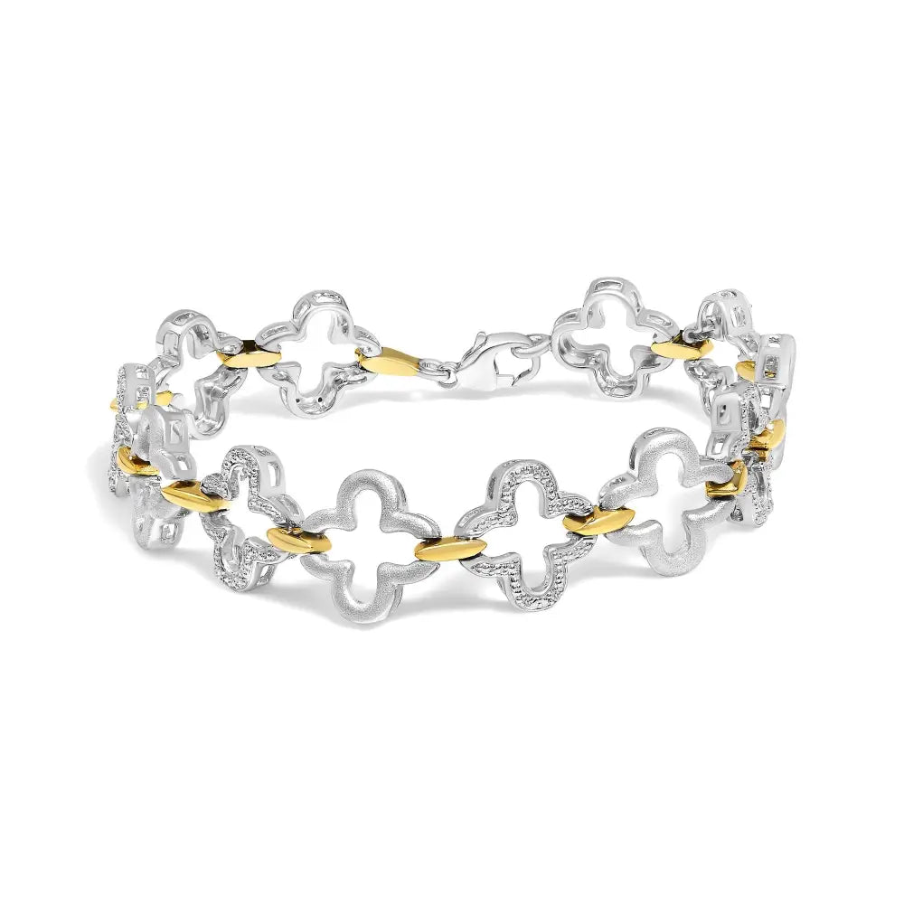 Two-Tone Sterling Silver Diamond Clover Tennis Bracelet 1/10 Cttw