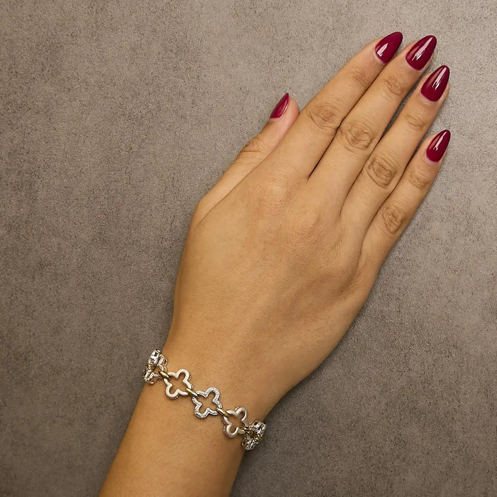 Two-Tone Sterling Silver Diamond Clover Tennis Bracelet 1/10 Cttw