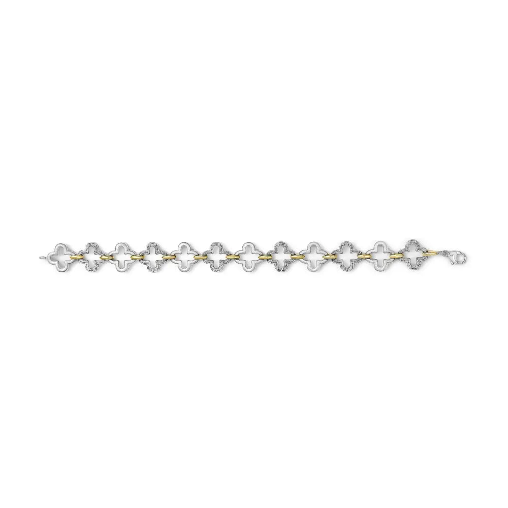 Two-Tone Sterling Silver Diamond Clover Tennis Bracelet 1/10 Cttw